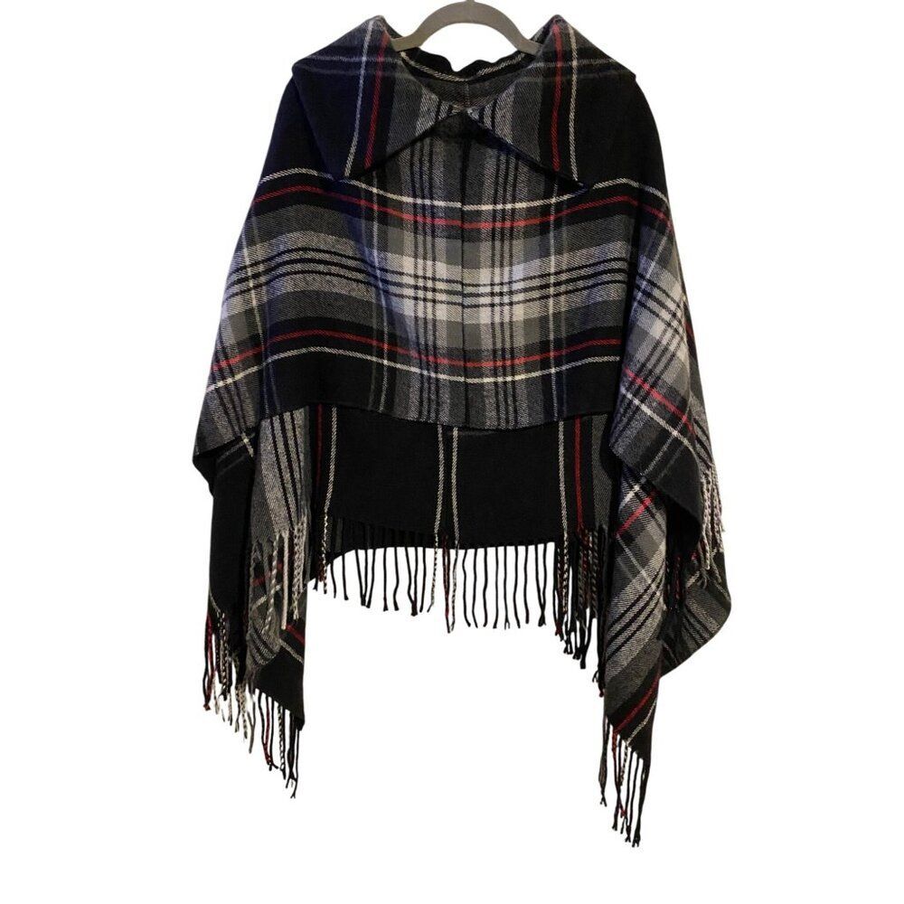 Steve Madden Plaid Fringe Poncho Cape Black Gray Red Women One Size Hippie Boho